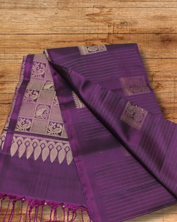 Zari Woven Horizontal Lines with Peacock Motifs Pure Handloom Kanchi Soft Silk Saree - Image 4