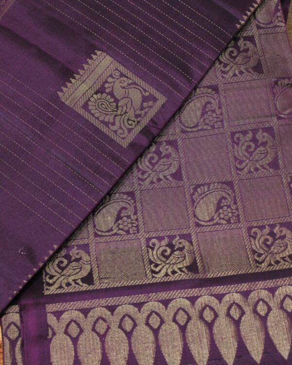 Zari Woven Horizontal Lines with Peacock Motifs Pure Handloom Kanchi Soft Silk Saree - Image 5