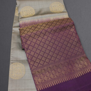 Alternative view of Grey and Purple Zari Woven Pecock Motif Pure Handloom Kanchi Soft Silk Saree