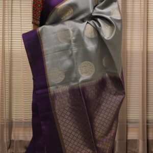 Grey and Purple Zari Woven Pecock Motif Pure Handloom Kanchi Soft Silk Saree