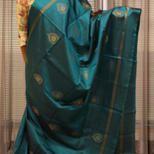 Alternative view of Peacock Blue Zari Woven Floral Motif Pure Handloom Kanchi Soft Silk Saree