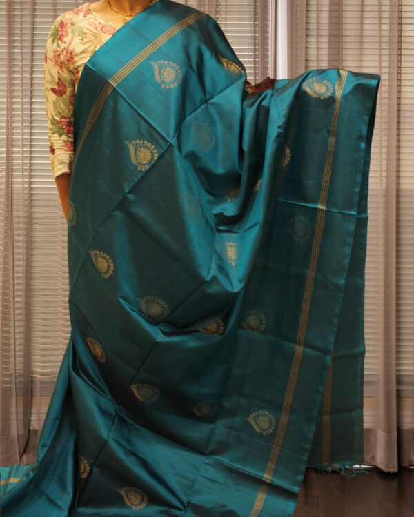 Peacock Blue Zari Woven Floral Motif Pure Handloom Kanchi Soft Silk Saree - Image 2