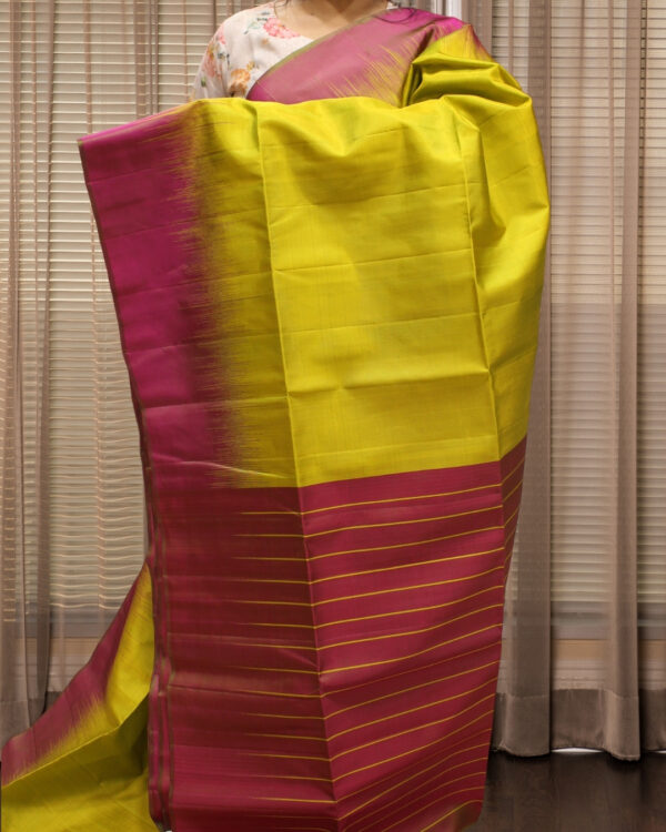 Mustard and Magenta Pure Handloom Kanchi Soft Silk Saree - Image 2