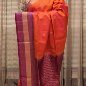Alternative view of Orange and Purple with Leaf Motifs Pure Handloom Kanchi Soft Silk Saree