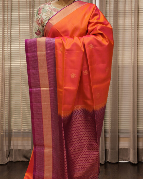 Orange and Purple with Leaf Motifs Pure Handloom Kanchi Soft Silk Saree - Image 2