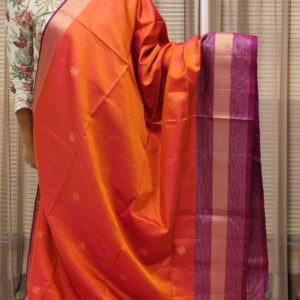 Orange and Purple with Leaf Motifs Pure Handloom Kanchi Soft Silk Saree