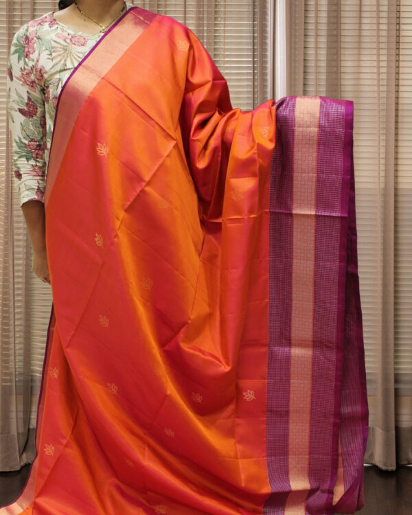 Orange and Purple with Leaf Motifs Pure Handloom Kanchi Soft Silk Saree
