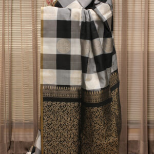 Black and White Checks with Big Motifs Pure Handloom Kanchi Soft Silk Saree