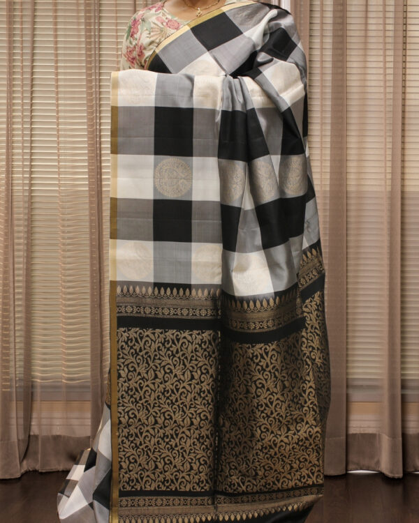 Black and White Checks with Big Motifs Pure Handloom Kanchi Soft Silk Saree
