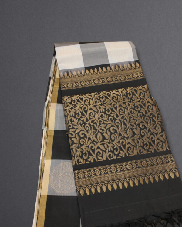 Black and White Checks with Big Motifs Pure Handloom Kanchi Soft Silk Saree - Image 3