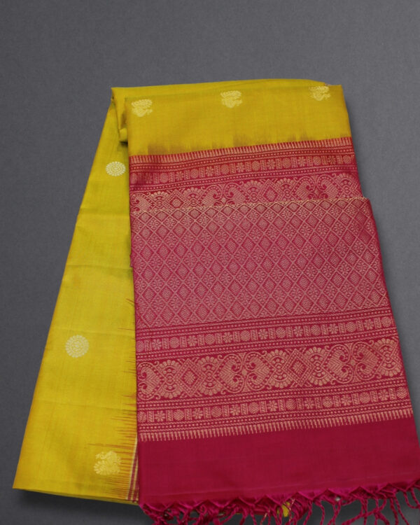 Mustard and Pink with Peacock Motifs Pure Handloom Kanchi Soft Silk Saree - Image 2
