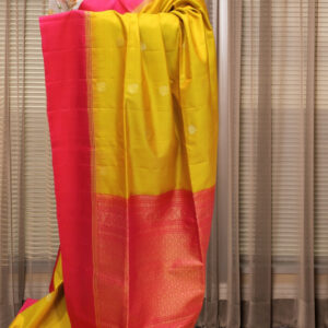 Mustard and Pink with Peacock Motifs Pure Handloom Kanchi Soft Silk Saree