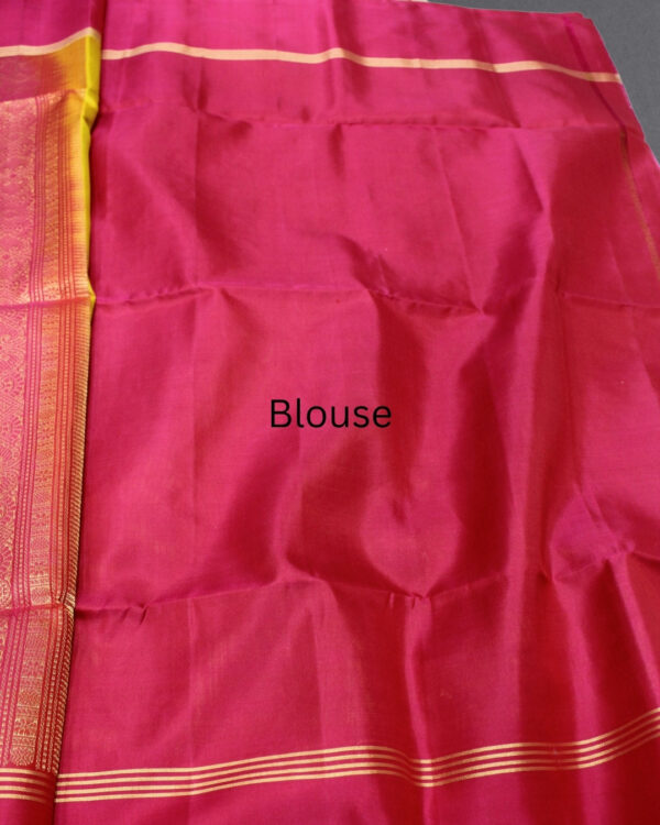Mustard and Pink with Peacock Motifs Pure Handloom Kanchi Soft Silk Saree - Image 3