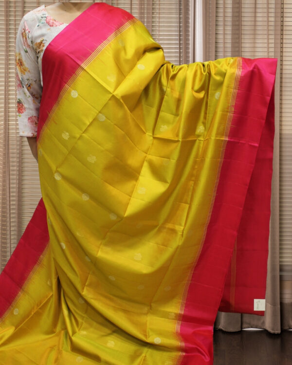 Mustard and Pink with Peacock Motifs Pure Handloom Kanchi Soft Silk Saree - Image 4