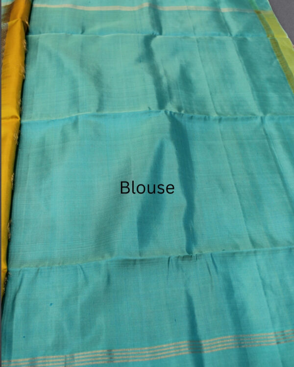 Mustard and Teal Green with small Motifs Pure Handloom Kanchi Soft Silk Saree - Image 2