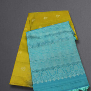 Mustard and Teal Green with small Motifs Pure Handloom Kanchi Soft Silk Saree