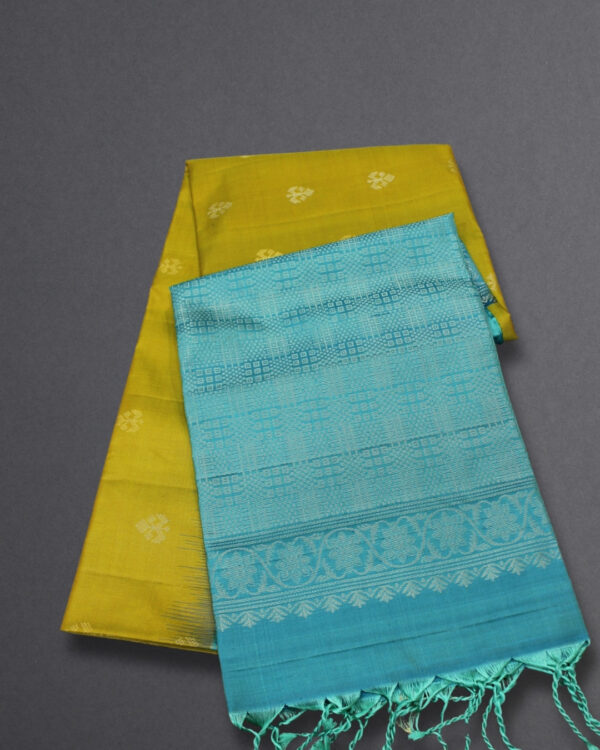 Mustard and Teal Green with small Motifs Pure Handloom Kanchi Soft Silk Saree