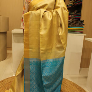 Beige and Ananda Blue with Tissue Border Pure Handloom Kanchi Soft Silk Saree