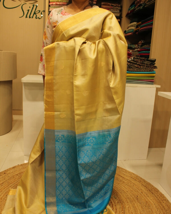 Beige and Ananda Blue with Tissue Border Pure Handloom Kanchi Soft Silk Saree
