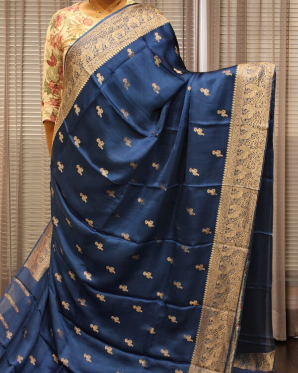 Zari Woven Bird Motifs with Rich Pallu Banaras Satin Saree - Image 2
