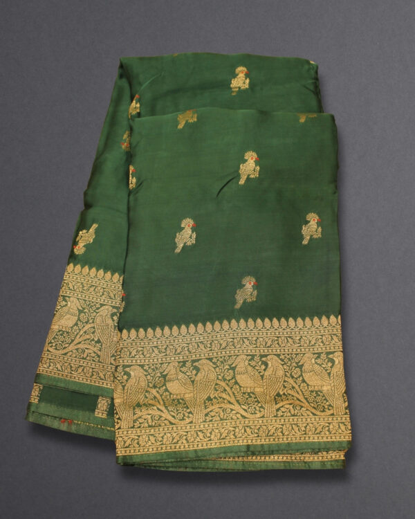 Zari Woven Bird Motifs with Rich Pallu Banaras Satin Saree - Image 3