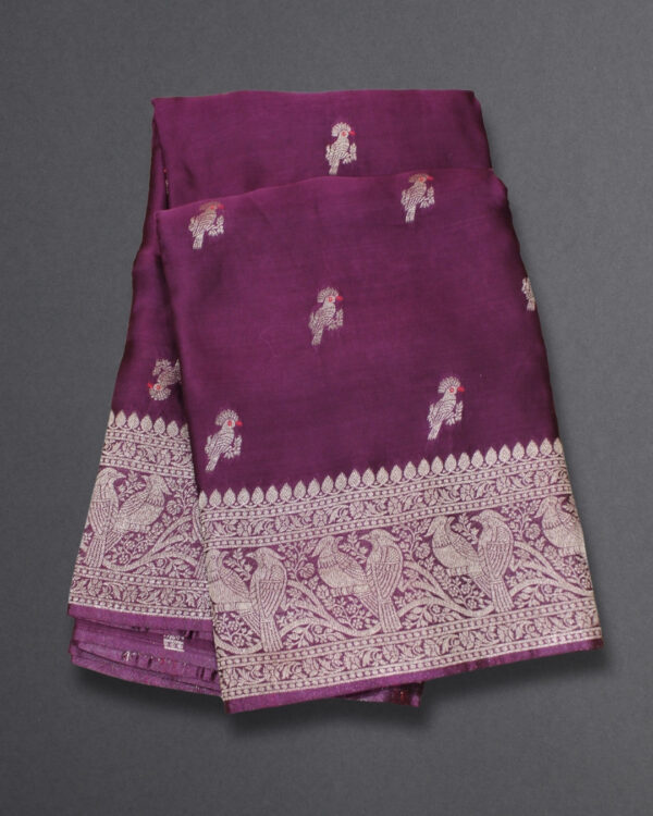 Zari Woven Bird Motifs with Rich Pallu Banaras Satin Saree - Image 5