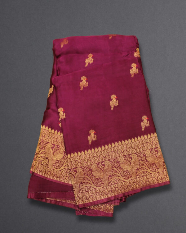 Zari Woven Bird Motifs with Rich Pallu Banaras Satin Saree - Image 6