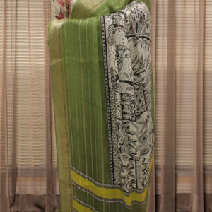 Zari Woven Horizontal Lines with Kalamkari Prints Fancy Saree