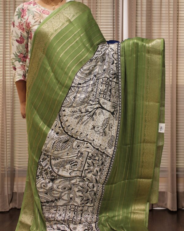 Zari Woven Horizontal Lines with Kalamkari Prints Fancy Saree - Image 4