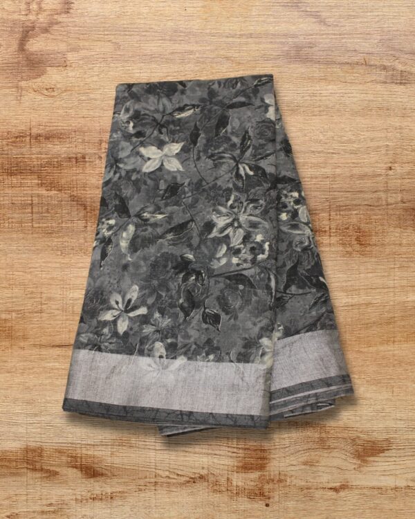 Floral Printed Linen Fancy Saree - Image 4