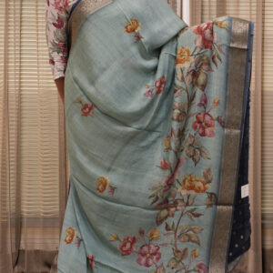 Alternative view of Sea Green with Multicolor Floral Prints Crush Tissue Crepe Saree