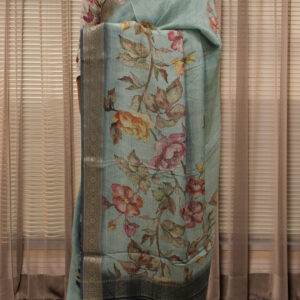 Sea Green with Multicolor Floral Prints Crush Tissue Crepe Saree