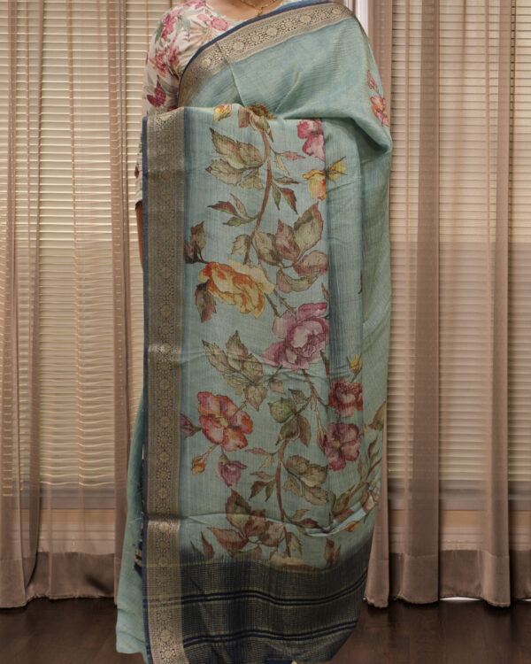 Sea Green with Multicolor Floral Prints Crush Tissue Crepe Saree