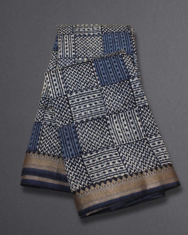 Indigo with White Geometrical Prints Chanderi Saree
