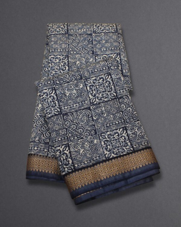 Indigo with White Paisley Prints Chanderi Saree