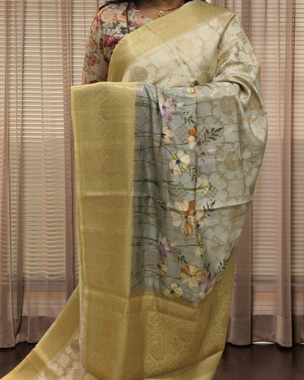 Pure Chiniya Silk Jaal with Floral Prints Banaras Saree - Image 2