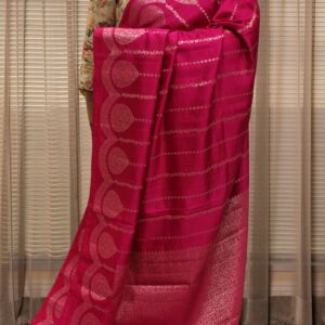 Pure Chiniya Silk Zari Vertical Stripes & Scallop Border Banaras Saree