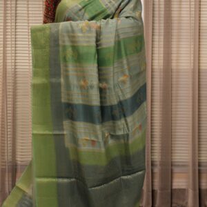Green, Blue & Grey Vertical Floral Buttas & Stripes Pure Chanderi Cotton Saree