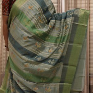 Alternative view of Green, Blue & Grey Vertical Floral Buttas & Stripes Pure Chanderi Cotton Saree