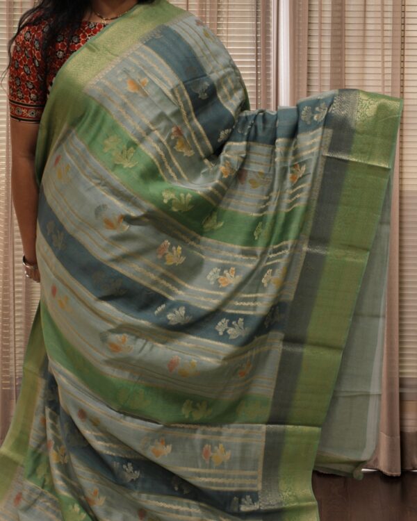 Green, Blue & Grey Vertical Floral Buttas & Stripes Pure Chanderi Cotton Saree - Image 2