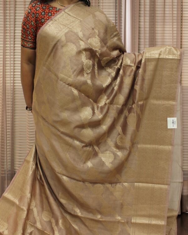 Light Brown Diagonal Zari Stripes & Buttas Pure Chanderi Cotton Saree - Image 2