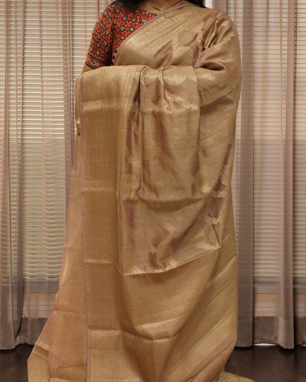 Light Brown Diagonal Zari Stripes & Buttas Pure Chanderi Cotton Saree