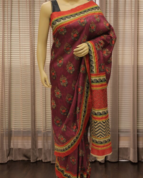 Digital Print with Kantha work Sequence Tussar Saree