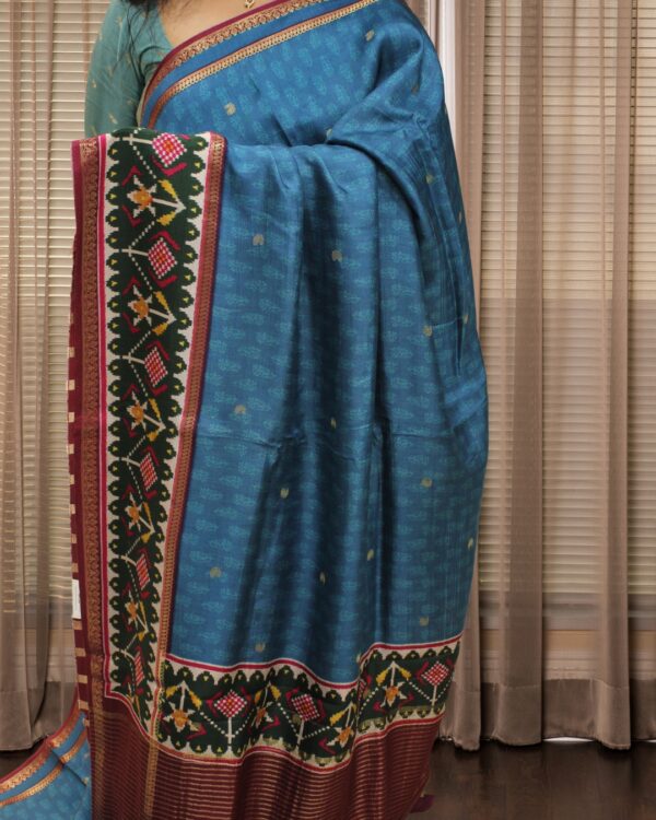 Blue with Green Patola Prints Dola Silk Saree - Image 2