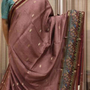 Zari Woven Elephant Motifs with Kalamkari Prints on Border Premium Dola Silk Saree