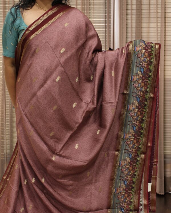 Zari Woven Elephant Motifs with Kalamkari Prints on Border Premium Dola Silk Saree