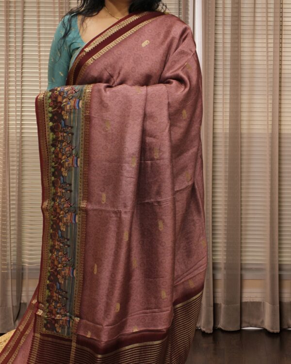 Zari Woven Elephant Motifs with Kalamkari Prints on Border Premium Dola Silk Saree - Image 2