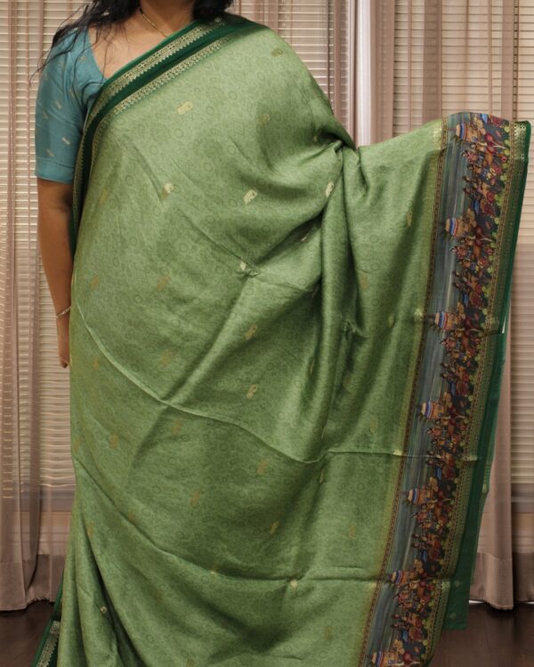 Zari Woven Elephant Motifs with Kalamkari Prints on Border Premium Dola Silk Saree - Image 3