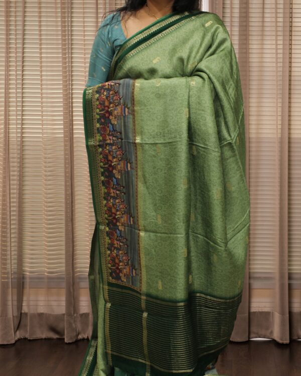 Zari Woven Elephant Motifs with Kalamkari Prints on Border Premium Dola Silk Saree - Image 4
