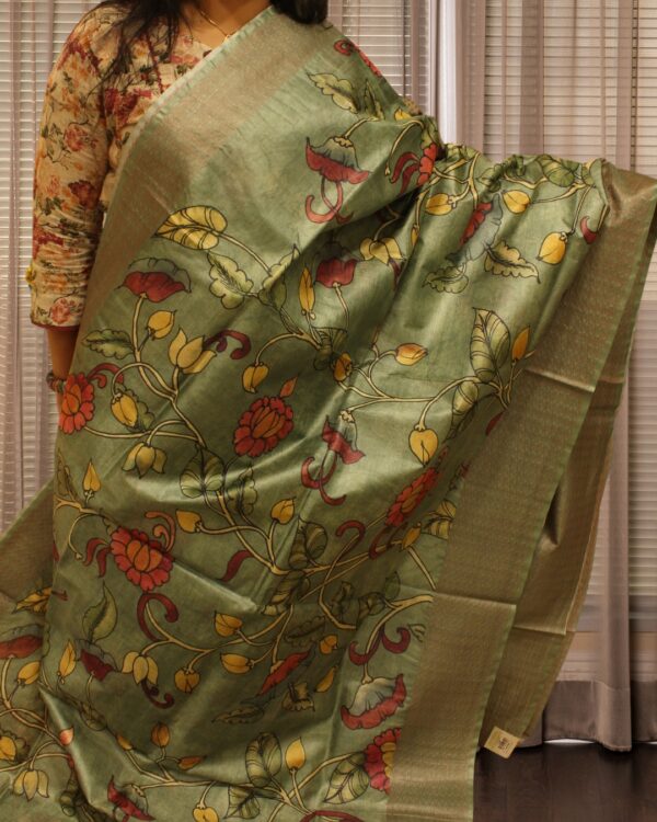 Green Kalamkari Printed Pure Tussar Saree